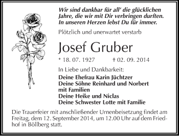 Traueranzeige von Josef Gruber von Mitteldeutsche Zeitung Halle/Saalkreis