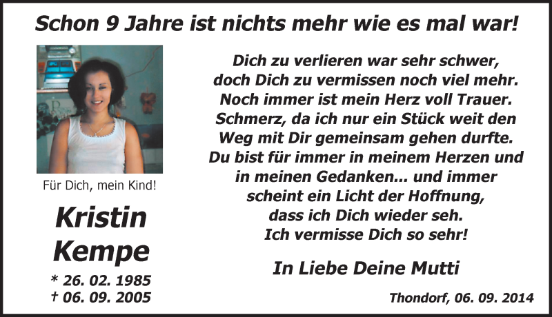  Traueranzeige für Kristin Kempe vom 06.09.2014 aus Mitteldeutsche Zeitung Mansfelder Land