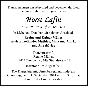 Traueranzeige von Horst Lafin von Mitteldeutsche Zeitung Sangerhausen