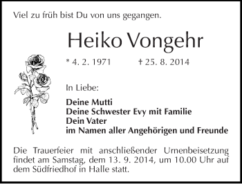Traueranzeige von Heiko Vongehr von Mitteldeutsche Zeitung Halle/Saalkreis