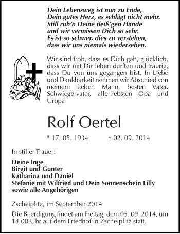 Traueranzeige von Rolf Oertel von Mitteldeutsche Zeitung Naumburg/Nebra