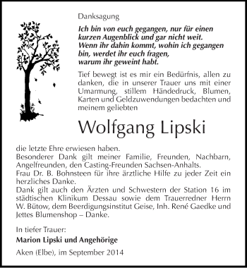 Traueranzeige von Wolfgang Lipski von Mitteldeutsche Zeitung Köthen