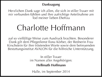 Traueranzeige von Charlotte Hoffmann von Mitteldeutsche Zeitung Halle/Saalkreis