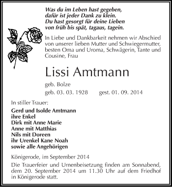 Traueranzeige von Lissi Amtmann von Mitteldeutsche Zeitung Quedlinburg
