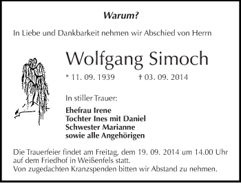 Traueranzeige von Wolfgang Simoch von Mitteldeutsche Zeitung Weißenfels