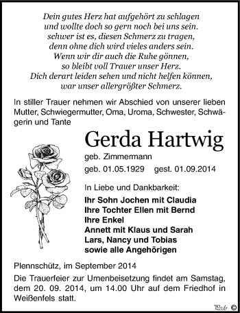 Traueranzeige von Gerda Hartwig von Mitteldeutsche Zeitung Weißenfels