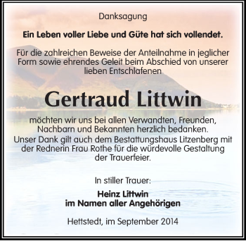Traueranzeige von Gertraud Littwin von Mitteldeutsche Zeitung Mansfelder Land