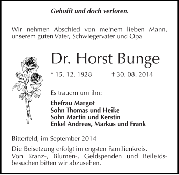 Traueranzeige von Horst Bunge von Mitteldeutsche Zeitung Bitterfeld