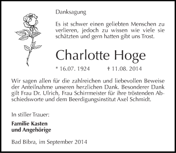 Traueranzeige von Charlotte Hoge von Mitteldeutsche Zeitung Naumburg/Nebra
