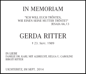 Traueranzeige von Gerda Ritter von Mitteldeutsche Zeitung Weißenfels