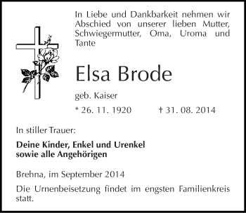 Traueranzeige von Elsa Brode von Mitteldeutsche Zeitung Bitterfeld