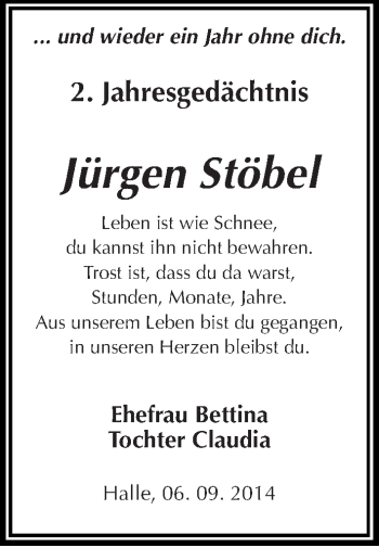Traueranzeige von Jürgen Stöbel von Mitteldeutsche Zeitung Halle/Saalkreis