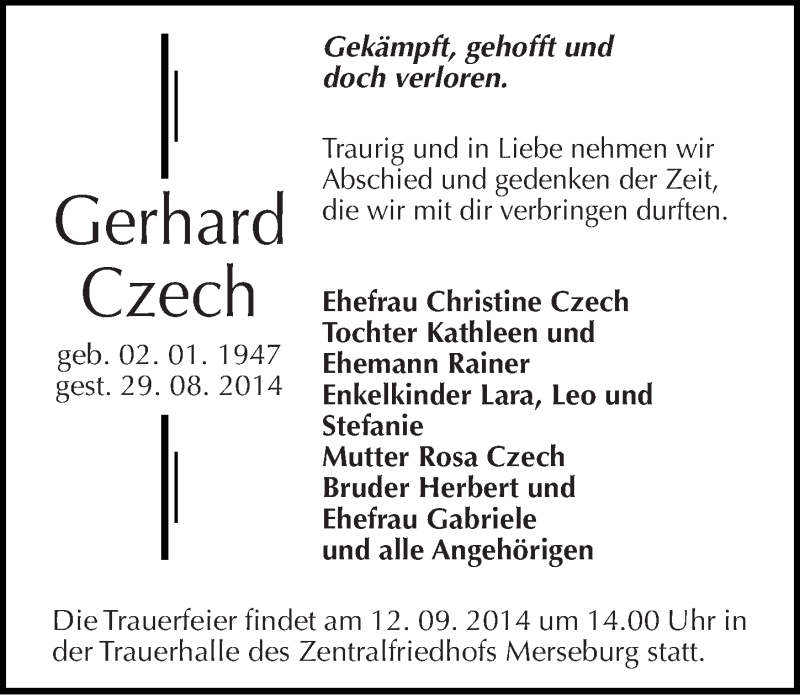  Traueranzeige für Gerhard Czech vom 06.09.2014 aus Mitteldeutsche Zeitung