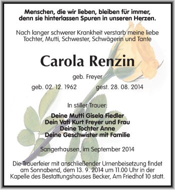 Traueranzeige von Carola Renzin von Mitteldeutsche Zeitung Sangerhausen