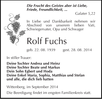 Traueranzeige von Rolf Fuchs von Mitteldeutsche Zeitung Wittenberg