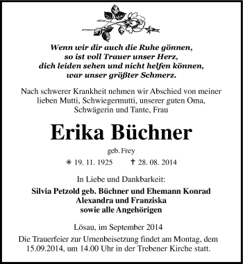 Traueranzeige von Erika Büchner von Mitteldeutsche Zeitung Weißenfels