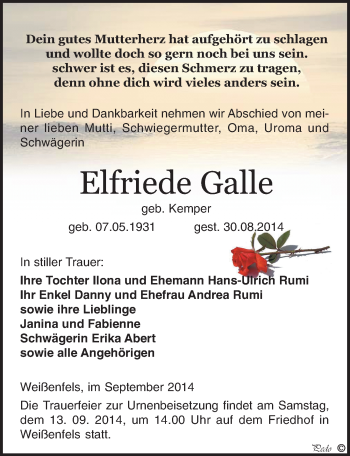 Traueranzeige von Elfriede Galle von Mitteldeutsche Zeitung Weißenfels