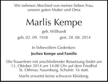 Traueranzeige von Marlis Kempe von Mitteldeutsche Zeitung Naumburg/Nebra