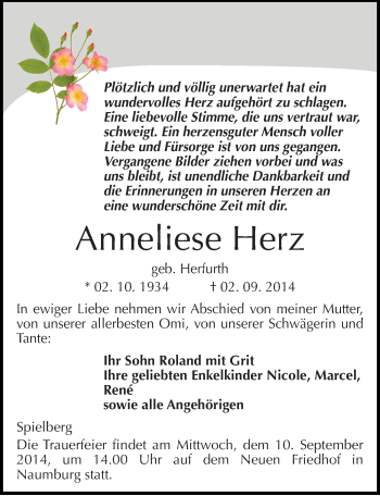 Traueranzeige von Anneliese Herz von Mitteldeutsche Zeitung Naumburg/Nebra