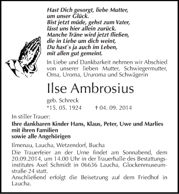 Traueranzeige von Ilse Ambrosius von Mitteldeutsche Zeitung Naumburg/Nebra