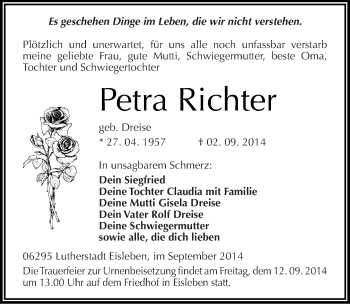 Traueranzeige von Petra Richter von Mitteldeutsche Zeitung Mansfelder Land