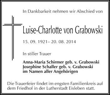 Traueranzeige von Luise-Charlotte von Grabowski von Mitteldeutsche Zeitung Mansfelder Land