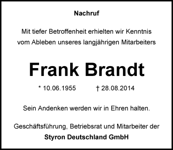 Traueranzeige von Frank Brandt von Mitteldeutsche Zeitung