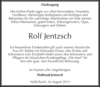 Traueranzeige von Rolf Jentzsch von Mitteldeutsche Zeitung Halle/Saalkreis