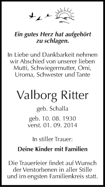 Traueranzeige von Valborg Ritter von Mitteldeutsche Zeitung Halle/Saalkreis