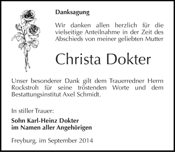 Traueranzeige von Christa Dokter von Mitteldeutsche Zeitung Naumburg/Nebra