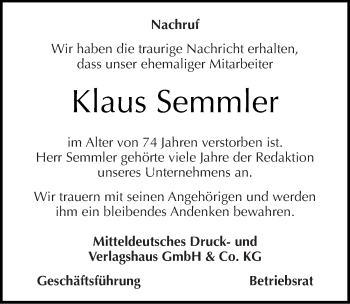 Traueranzeige von Klaus Semmler von Mitteldeutsche Zeitung Sangerhausen