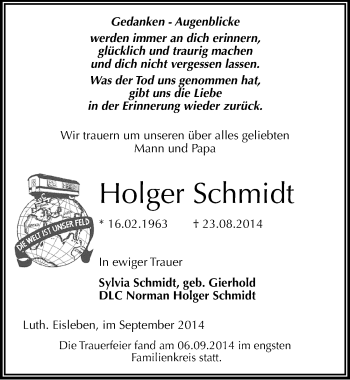Traueranzeige von Holger Schmidt von Mitteldeutsche Zeitung Mansfelder Land