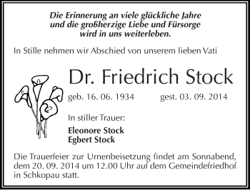 Traueranzeige von Friedrich Stock von Mitteldeutsche Zeitung Merseburg/Querfurt