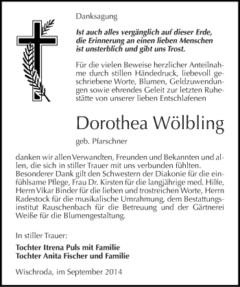 Traueranzeige von Dorothea Wölbling von Mitteldeutsche Zeitung Naumburg/Nebra