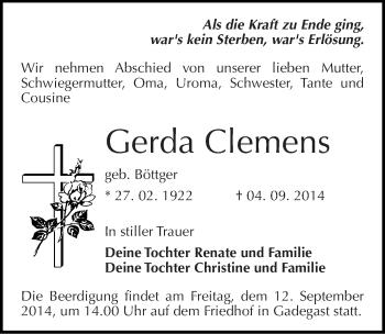 Traueranzeige von Gerda Clemens von Mitteldeutsche Zeitung Wittenberg