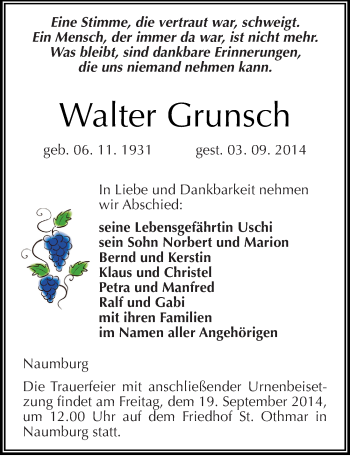 Traueranzeige von Walter Grunsch von Mitteldeutsche Zeitung Naumburg/Nebra
