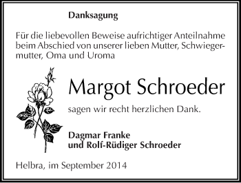 Traueranzeige von Margot Schroeder von Mitteldeutsche Zeitung Mansfelder Land