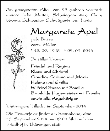 Traueranzeige von Margarete Apel von Mitteldeutsche Zeitung Sangerhausen