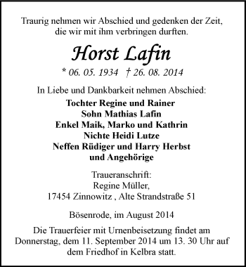 Traueranzeige von Horst Lafin von Mitteldeutsche Zeitung Sangerhausen