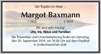 Traueranzeige von Margot Baxmann von Mitteldeutsche Zeitung Wittenberg