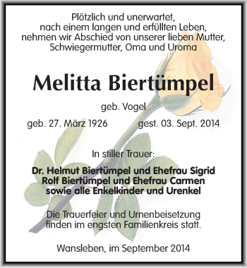 Traueranzeige von Melitta Biertümpel von Mitteldeutsche Zeitung Mansfelder Land
