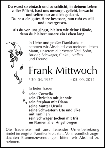 Traueranzeige von Frank Mittwoch von Mitteldeutsche Zeitung Naumburg/Nebra