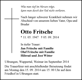 Traueranzeige von Otto Fritsche von Mitteldeutsche Zeitung Sangerhausen
