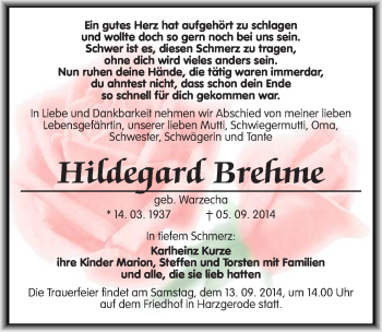 Traueranzeige von Hildegard Brehme von Mitteldeutsche Zeitung Quedlinburg
