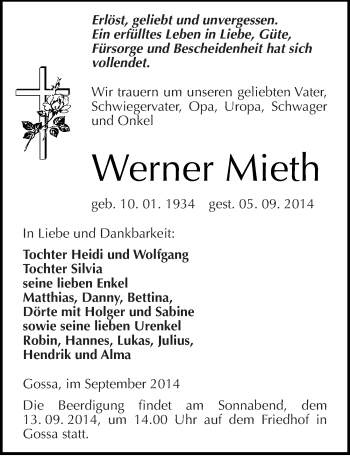 Traueranzeige von Werner Mieth von Mitteldeutsche Zeitung Bitterfeld