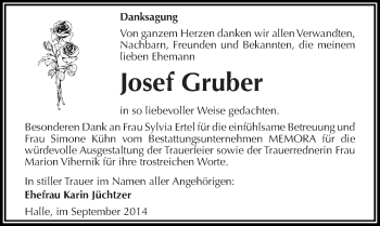 Traueranzeige von Josef Gruber von Mitteldeutsche Zeitung Halle/Saalkreis