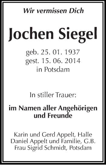 Traueranzeige von Jochen Siegel von Mitteldeutsche Zeitung Halle/Saalkreis