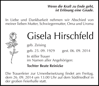 Traueranzeige von Gisela Hirschfeld von Mitteldeutsche Zeitung Halle/Saalkreis