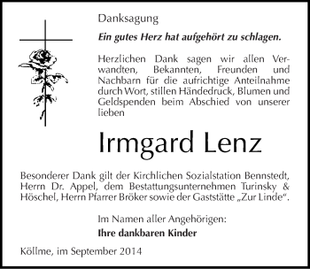 Traueranzeige von Irmgard Lenz von Mitteldeutsche Zeitung Halle/Saalkreis