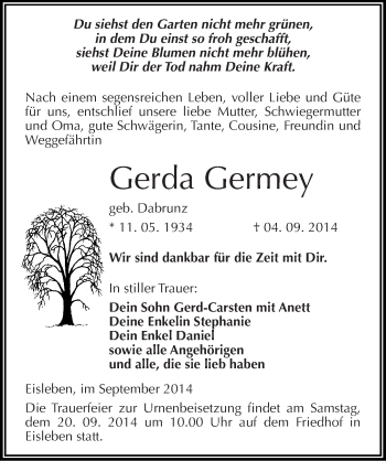 Traueranzeige von Gerda Germey von Mitteldeutsche Zeitung Mansfelder Land